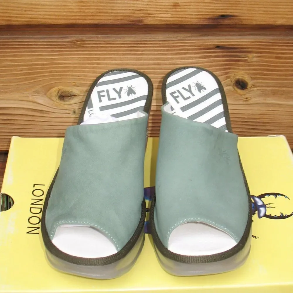 NWT Fly London Jade Green Wedge Slides
